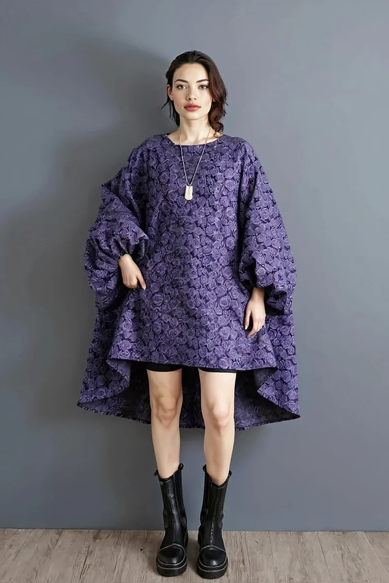Purple Floral Lantern Sleeve Asymmetrical Dress - Elegant Winter-Ready Design