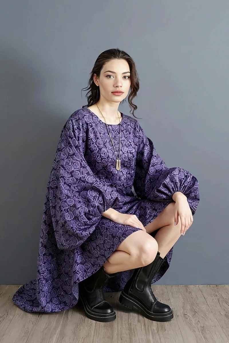 Purple Floral Lantern Sleeve Asymmetrical Dress - Elegant Winter-Ready Design