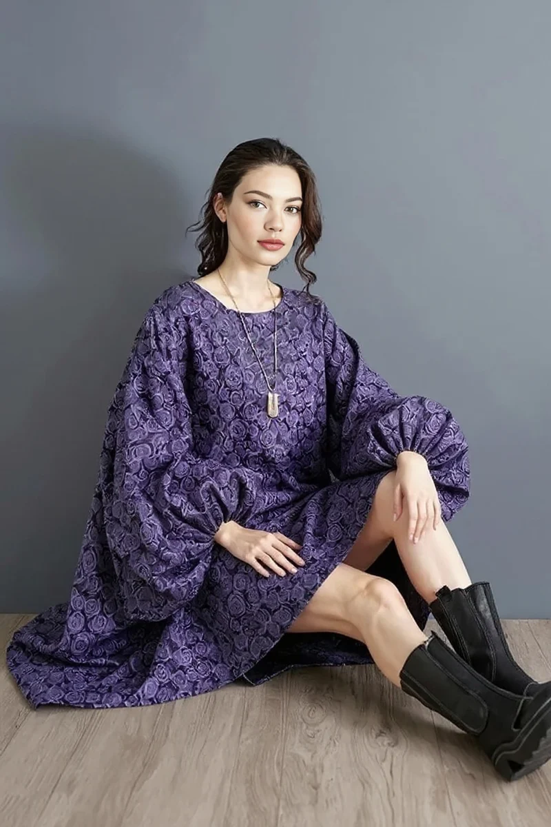 Purple Floral Lantern Sleeve Asymmetrical Dress - Elegant Winter-Ready Design