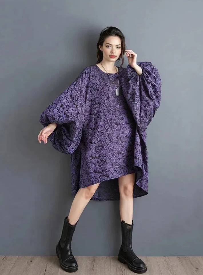 Purple Floral Lantern Sleeve Asymmetrical Dress - Elegant Winter-Ready Design