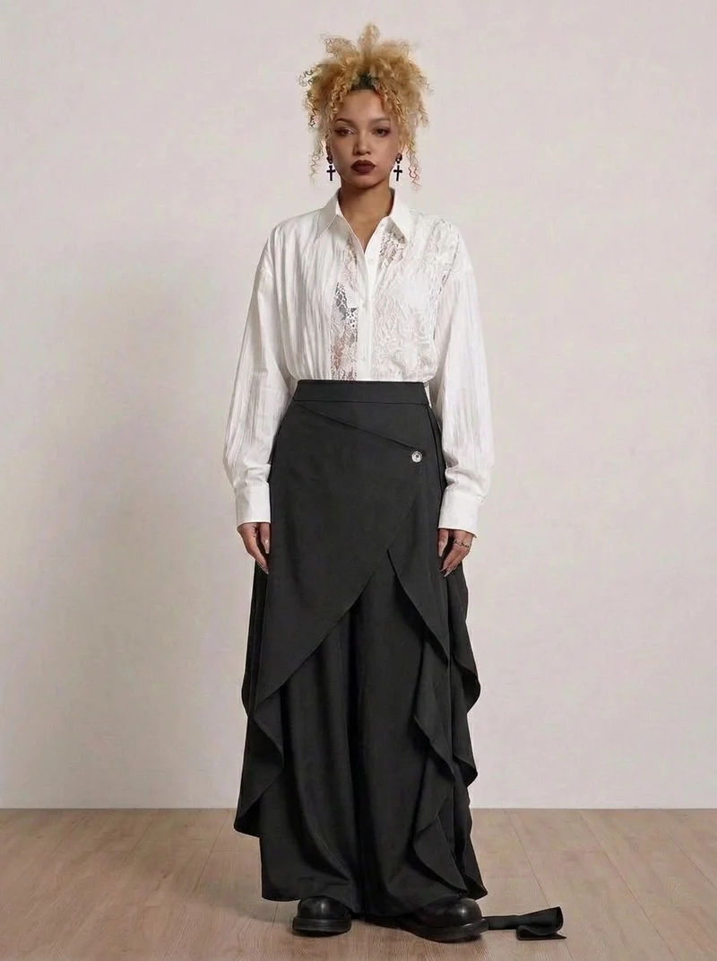 Black Deconstructed Layered Wide Leg Trousers