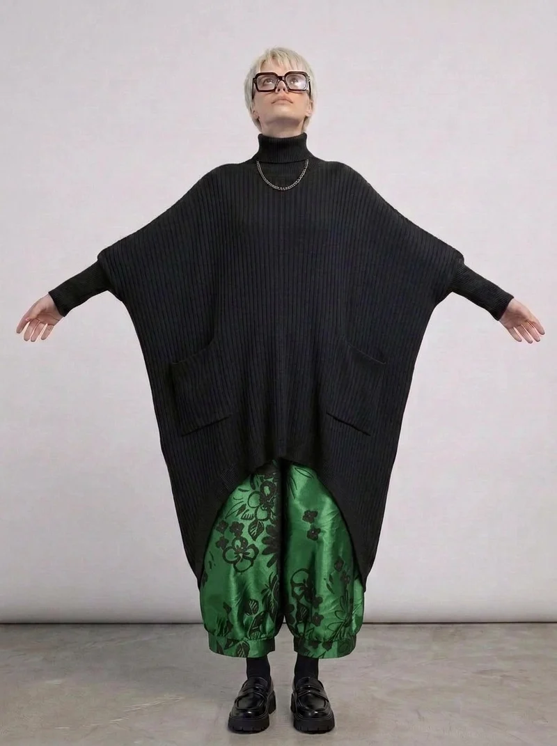 Re-launch Asymmetrical Knitted Pullover Dress with Turtleneck