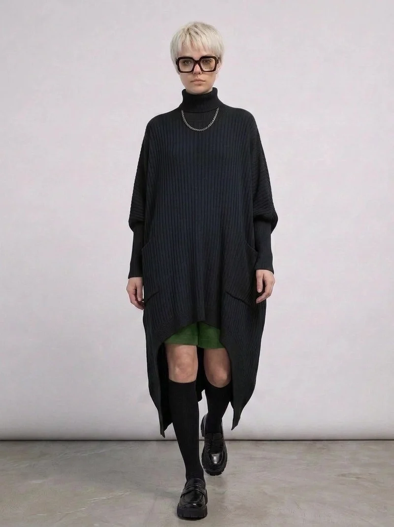 Re-launch Asymmetrical Knitted Pullover Dress with Turtleneck
