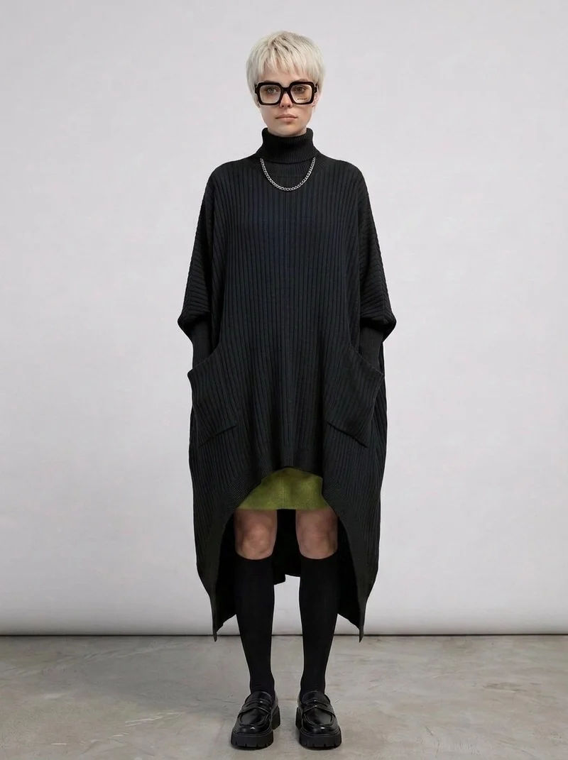 Re-launch Asymmetrical Knitted Pullover Dress with Turtleneck