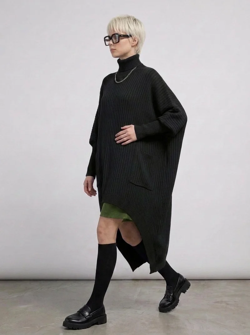Re-launch Asymmetrical Knitted Pullover Dress with Turtleneck