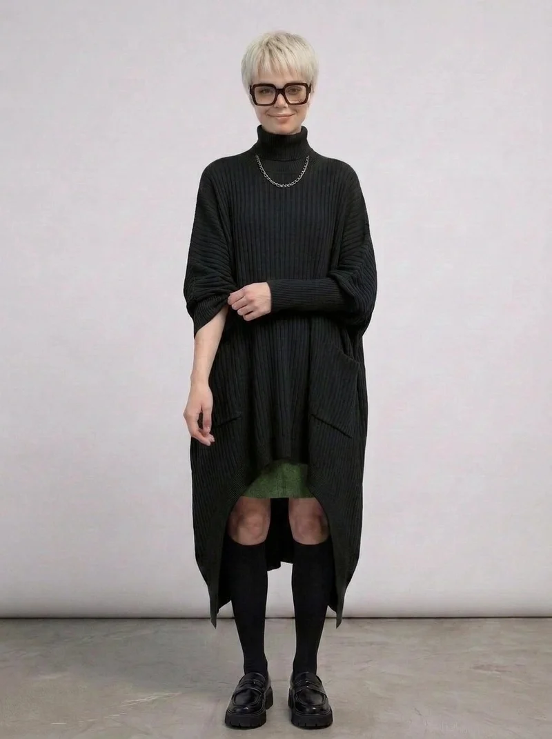 Re-launch Asymmetrical Knitted Pullover Dress with Turtleneck