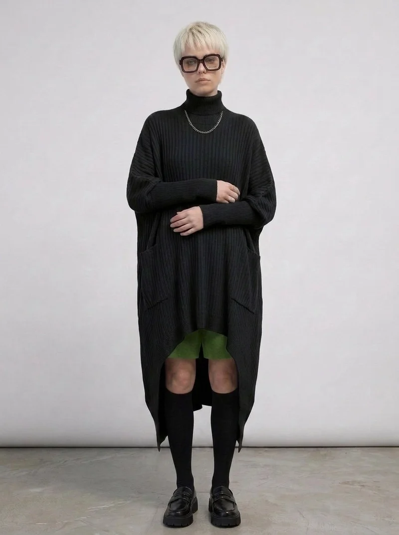 Re-launch Asymmetrical Knitted Pullover Dress with Turtleneck