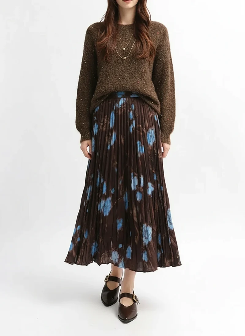 Midnight Bloom Pleated Maxi Skirt