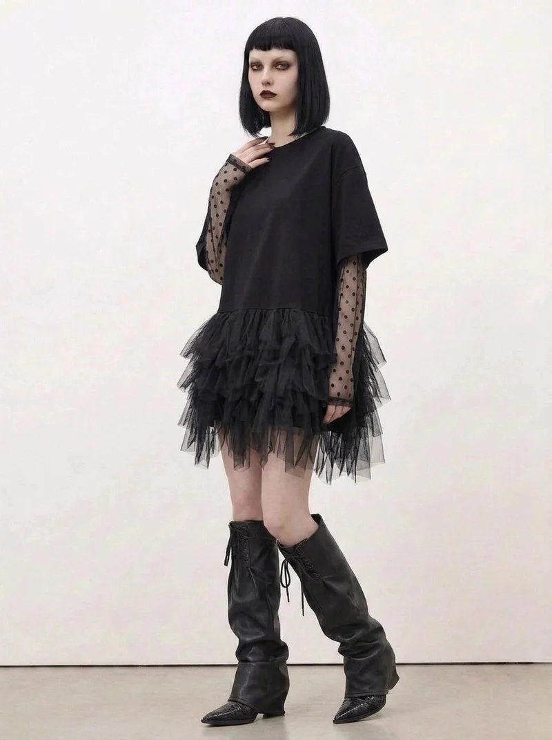 Tulle-Trim Mini Pullover Dress — Black