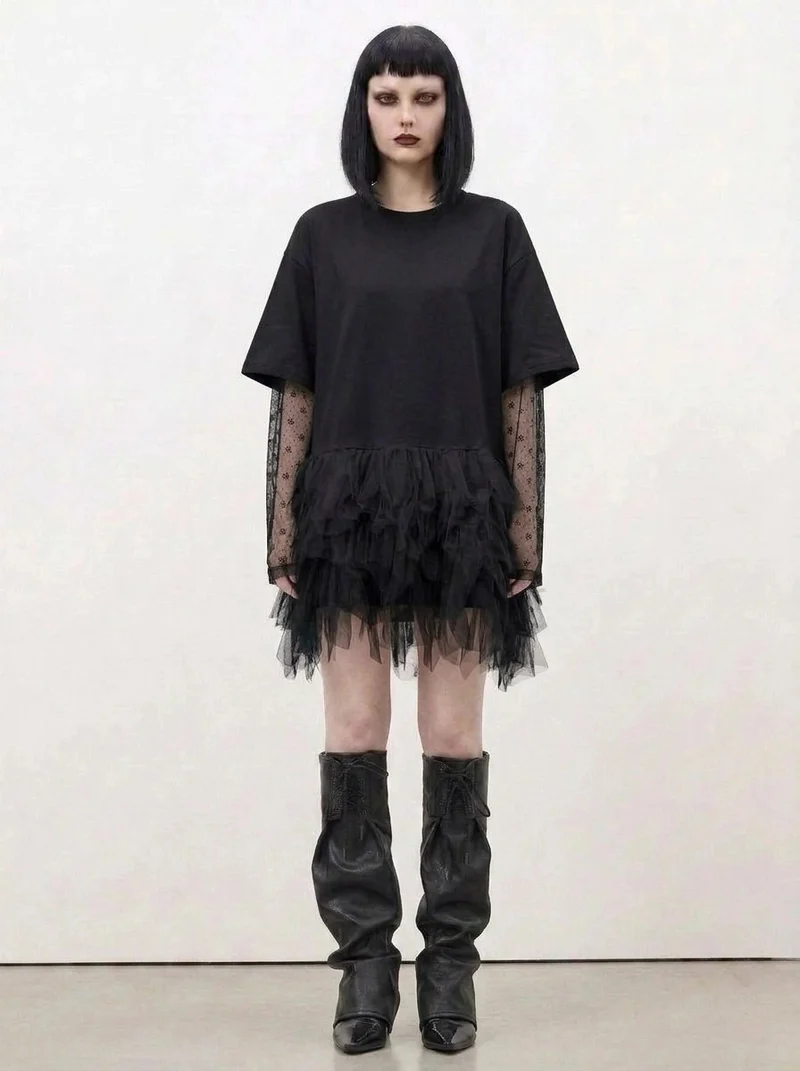 Tulle-Trim Mini Pullover Dress — Black
