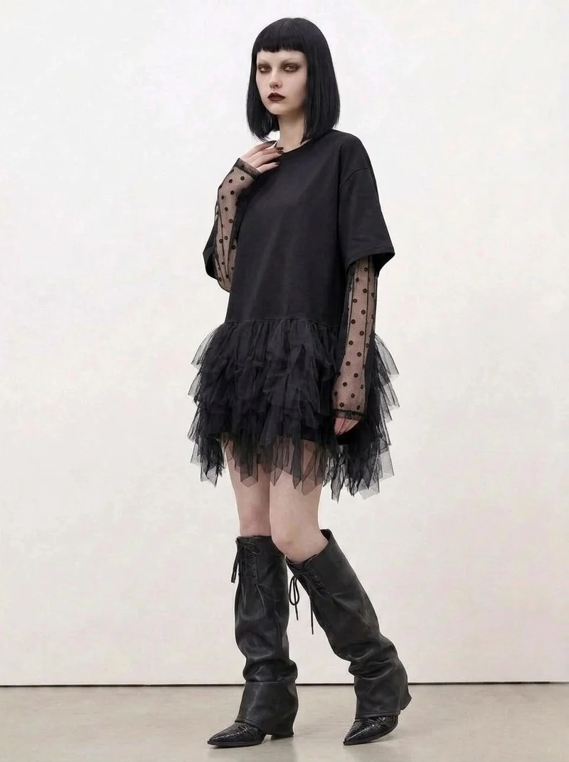 Tulle-Trim Mini Pullover Dress — Black