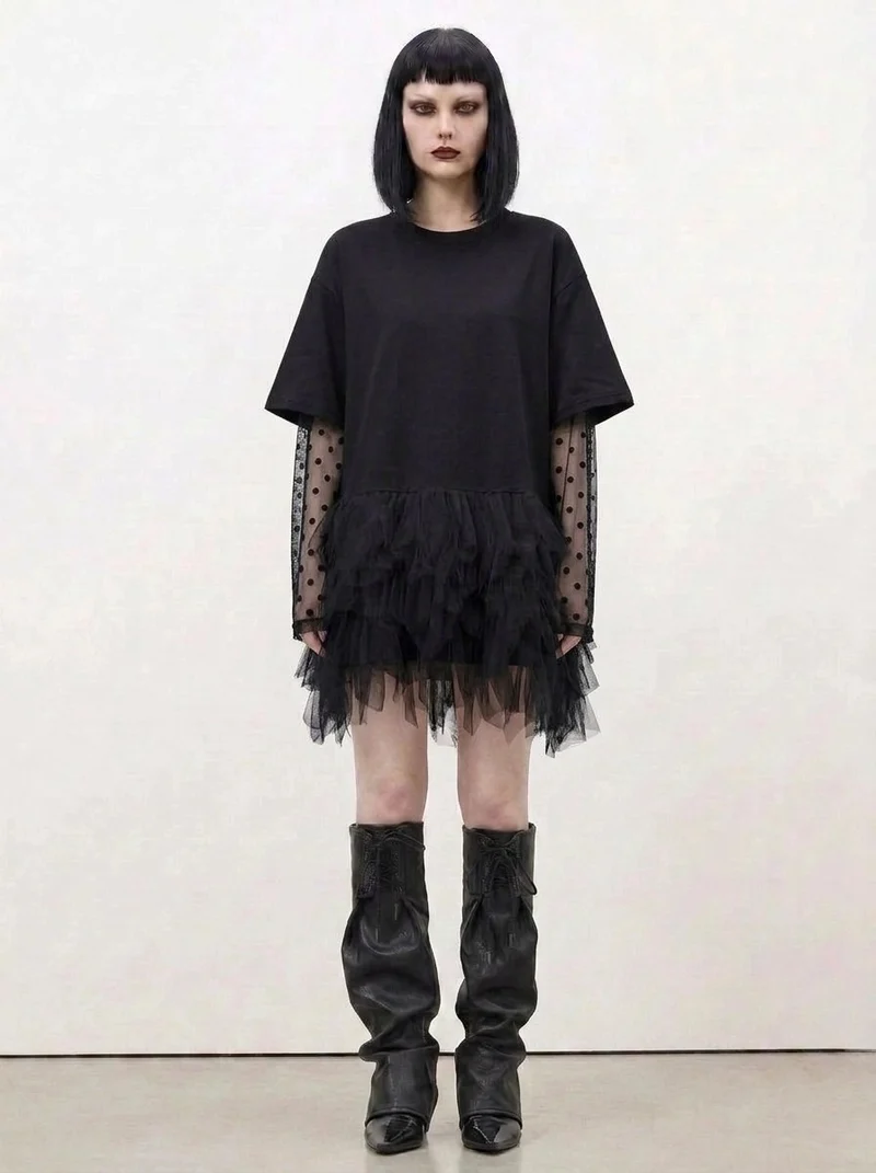Tulle-Trim Mini Pullover Dress — Black