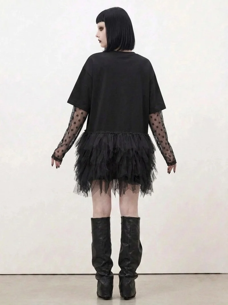 Tulle-Trim Mini Pullover Dress — Black