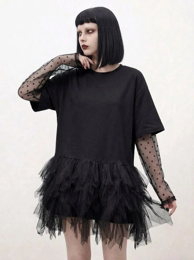 Tulle-Trim Mini Pullover Dress — Black