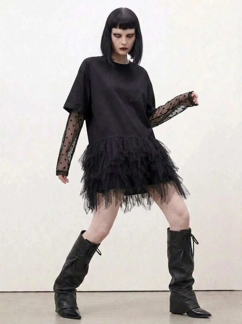 Tulle-Trim Mini Pullover Dress — Black