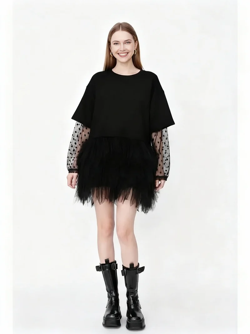 Tulle-Trim Mini Pullover Dress — Black
