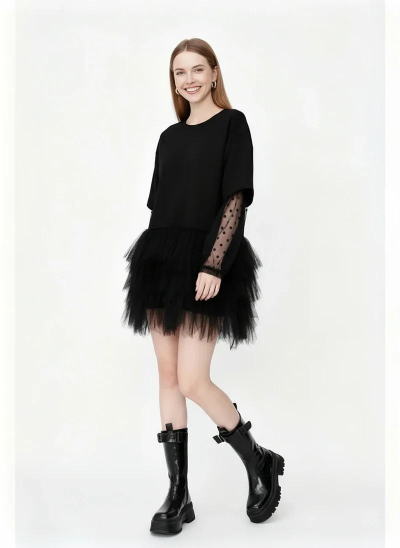 Tulle-Trim Mini Pullover Dress — Black