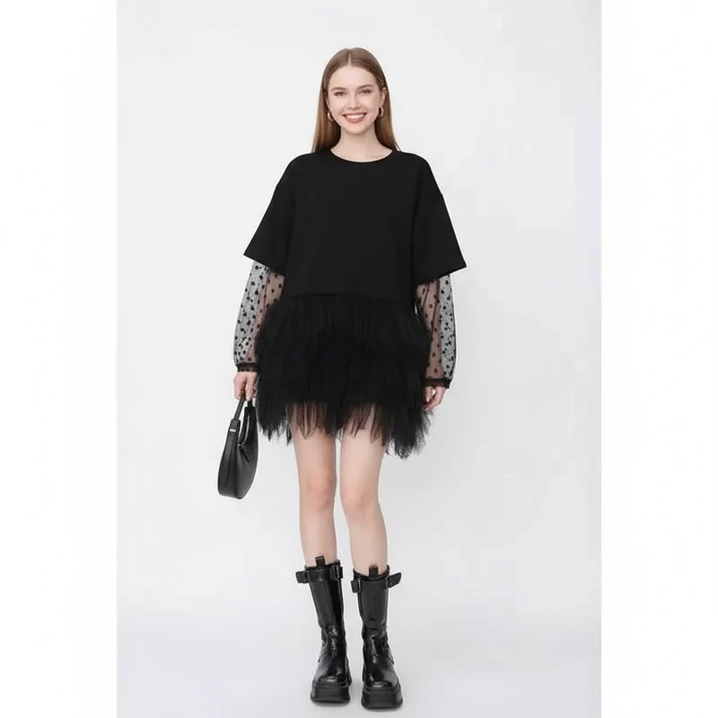 Tulle-Trim Mini Pullover Dress — Black