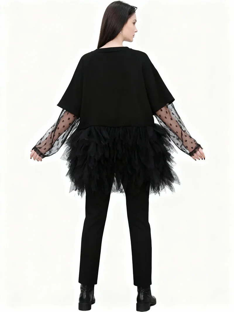 Tulle-Trim Mini Pullover Dress — Black