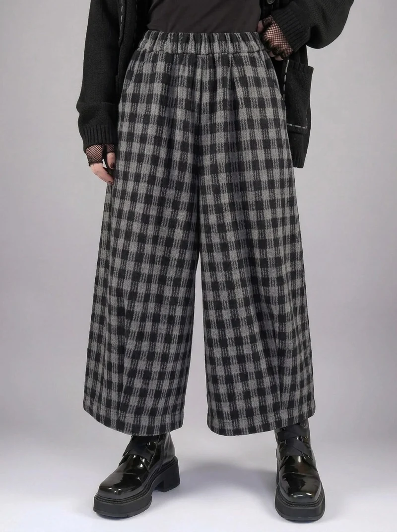 Simple Moderne Checkered Wide-Leg Trousers – Casual Minimal Goth Structured Fit