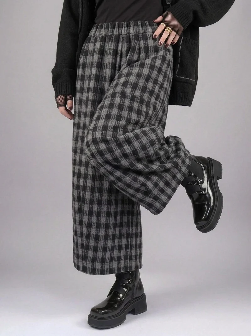 Simple Moderne Checkered Wide-Leg Trousers – Casual Minimal Goth Structured Fit