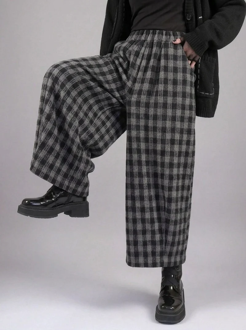 Simple Moderne Checkered Wide-Leg Trousers – Casual Minimal Goth Structured Fit