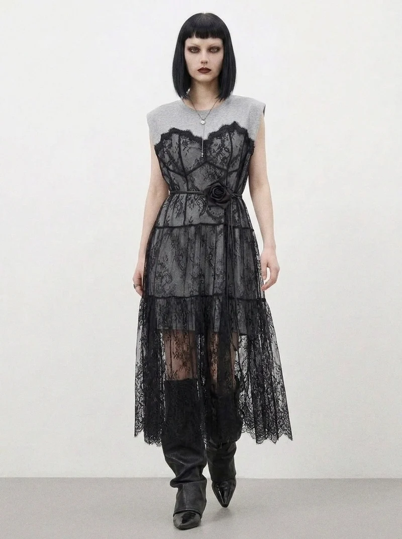 Simple Moderne Layered Gothic Lace Overlay Dress – Sporty Tank Meets Romantic Minimal Goth