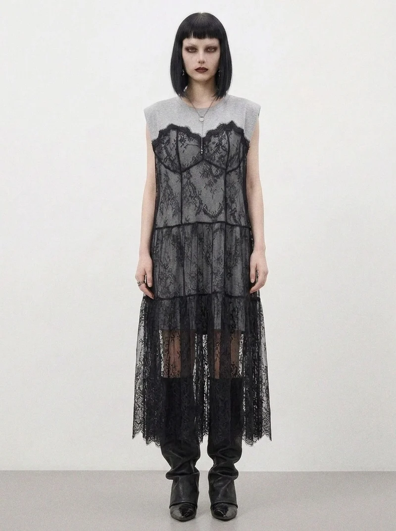Simple Moderne Layered Gothic Lace Overlay Dress – Sporty Tank Meets Romantic Minimal Goth