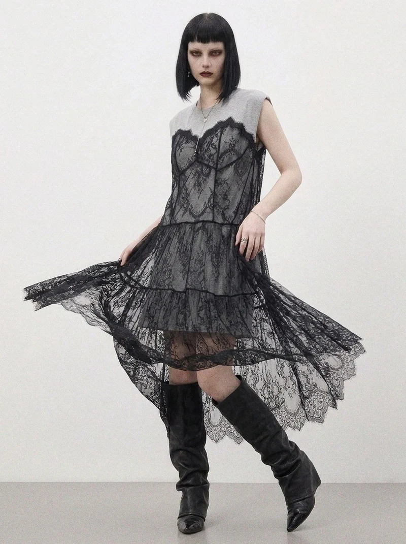 Simple Moderne Layered Gothic Lace Overlay Dress – Sporty Tank Meets Romantic Minimal Goth
