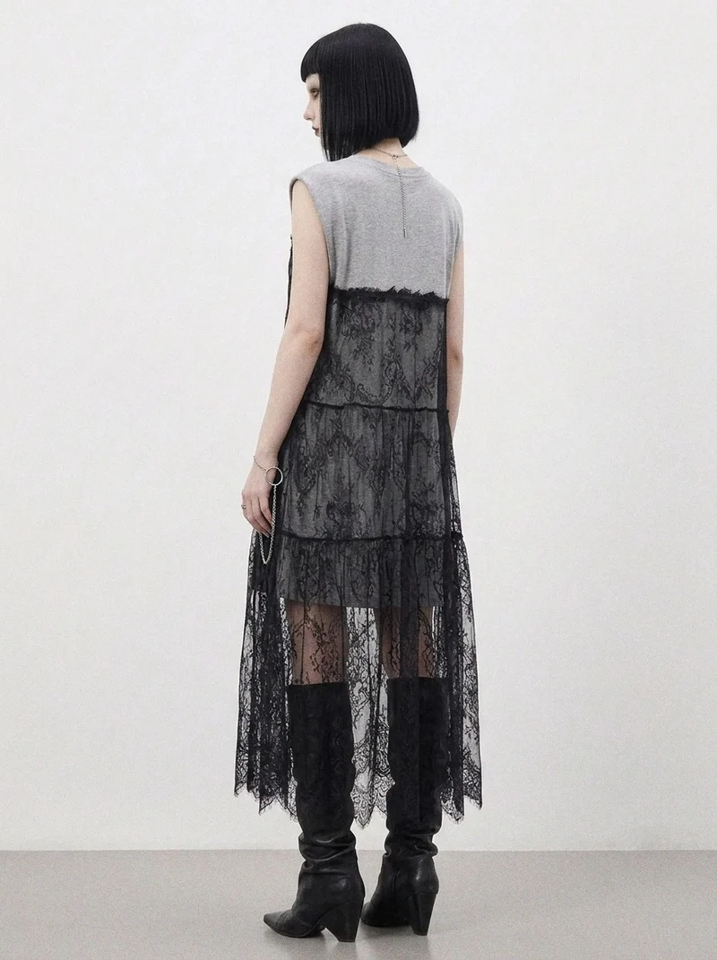Simple Moderne Layered Gothic Lace Overlay Dress – Sporty Tank Meets Romantic Minimal Goth