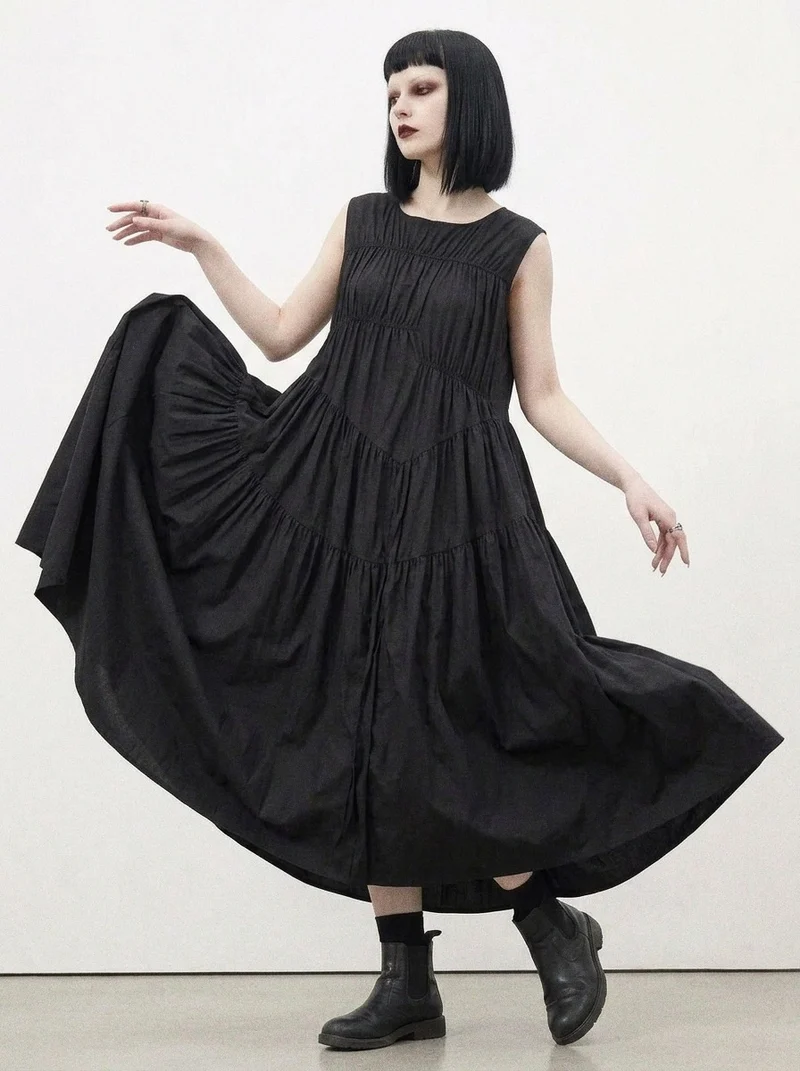 Simple Moderne Black Asymmetrical Gathered Dress – Casual Minimal Goth Midi Statement Piece