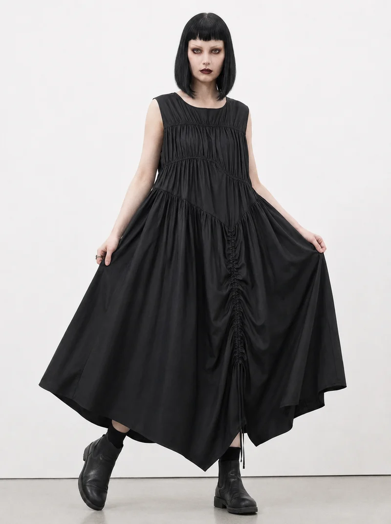 Simple Moderne Black Asymmetrical Gathered Dress – Casual Minimal Goth Midi Statement Piece