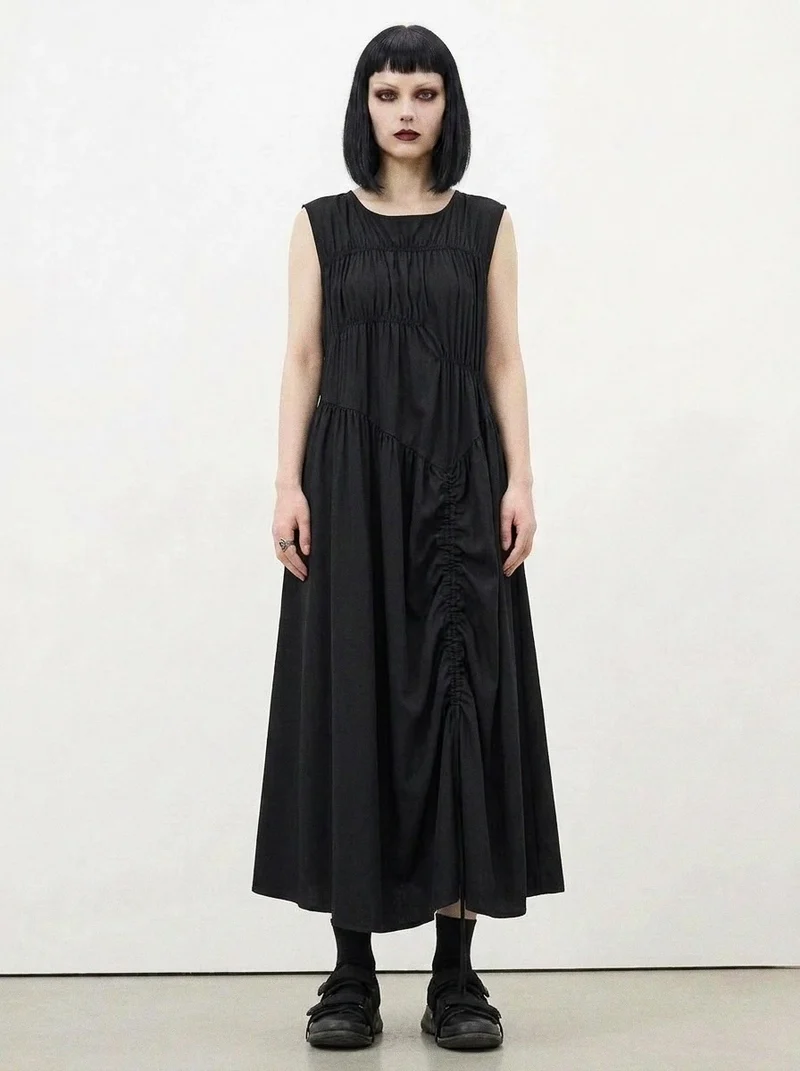 Simple Moderne Black Asymmetrical Gathered Dress – Casual Minimal Goth Midi Statement Piece