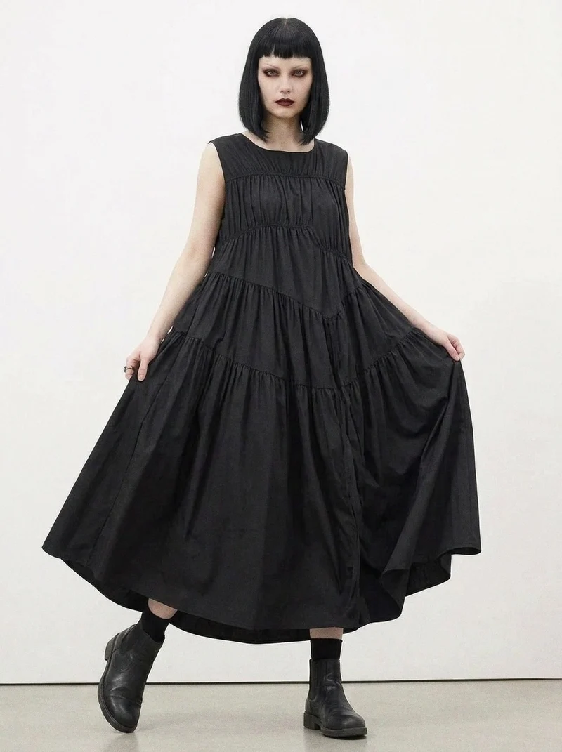 Simple Moderne Black Asymmetrical Gathered Dress – Casual Minimal Goth Midi Statement Piece