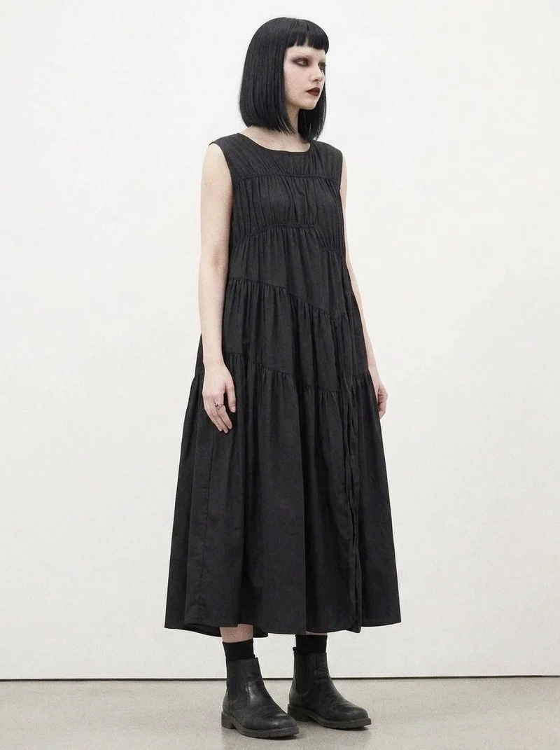 Simple Moderne Black Asymmetrical Gathered Dress – Casual Minimal Goth Midi Statement Piece