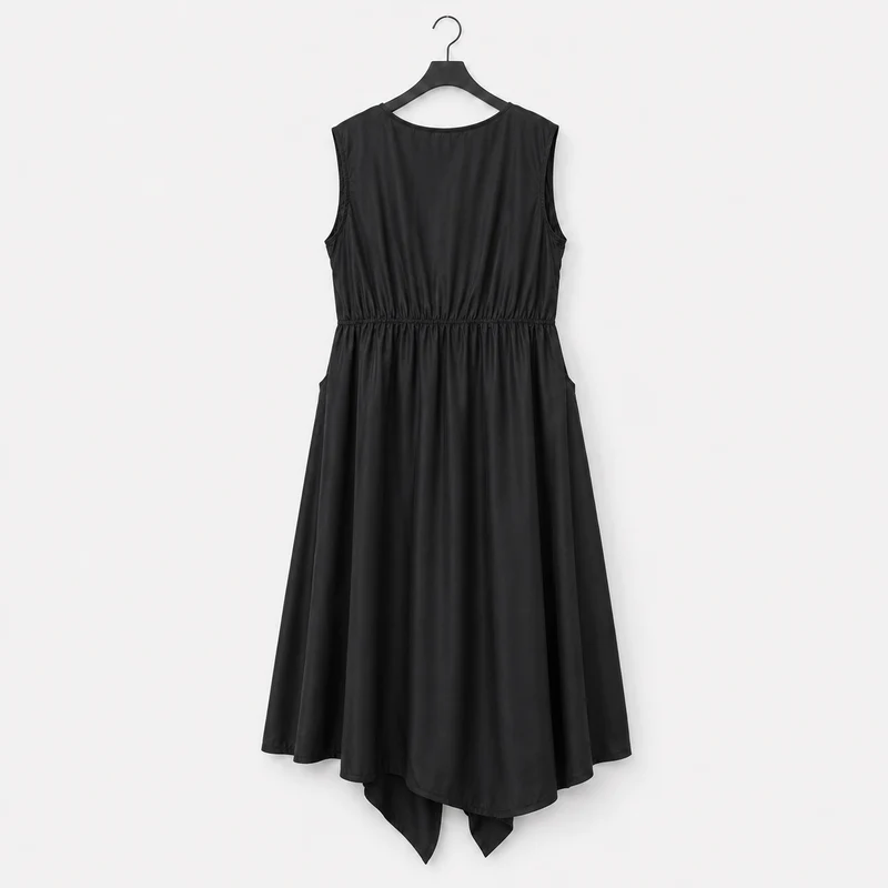 Simple Moderne Black Asymmetrical Gathered Dress – Casual Minimal Goth Midi Statement Piece