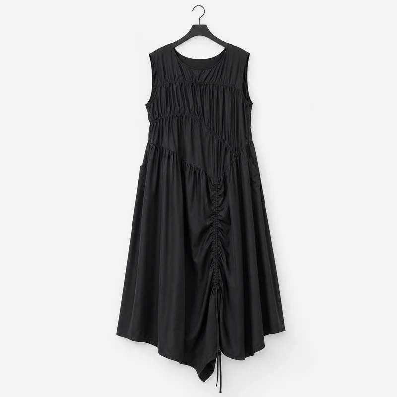 Simple Moderne Black Asymmetrical Gathered Dress – Casual Minimal Goth Midi Statement Piece