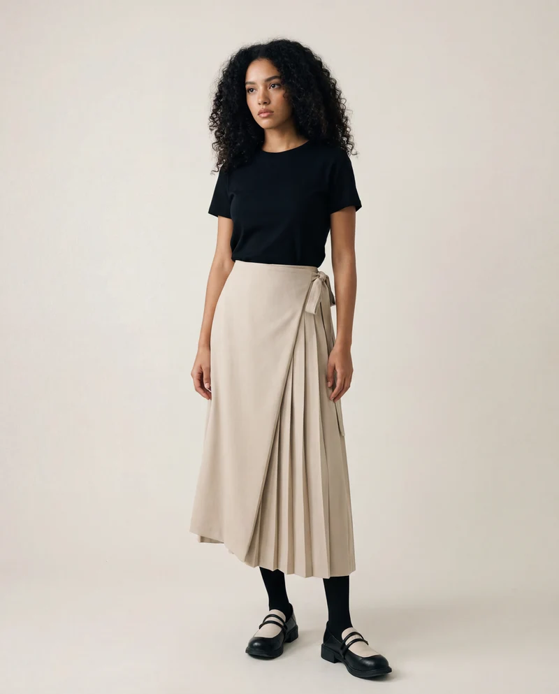 Apricot Beige Skirt-Pant Hybrid with Pleated Overlay – Sophisticated and Unique Mid-Calf Design