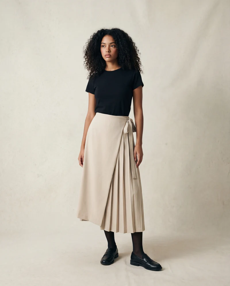 Apricot Beige Skirt-Pant Hybrid with Pleated Overlay – Sophisticated and Unique Mid-Calf Design