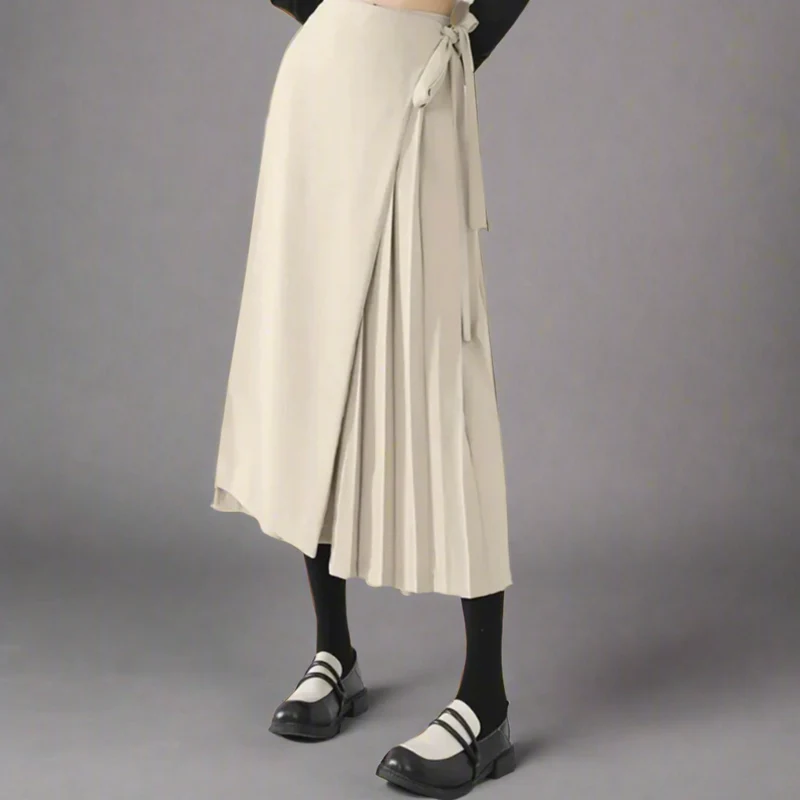 Apricot Beige Skirt-Pant Hybrid with Pleated Overlay – Sophisticated and Unique Mid-Calf Design