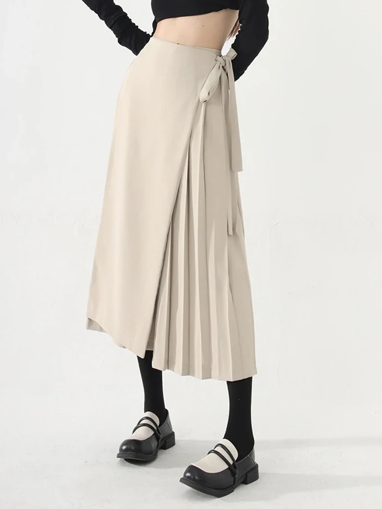 Apricot Beige Skirt-Pant Hybrid with Pleated Overlay – Sophisticated and Unique Mid-Calf Design