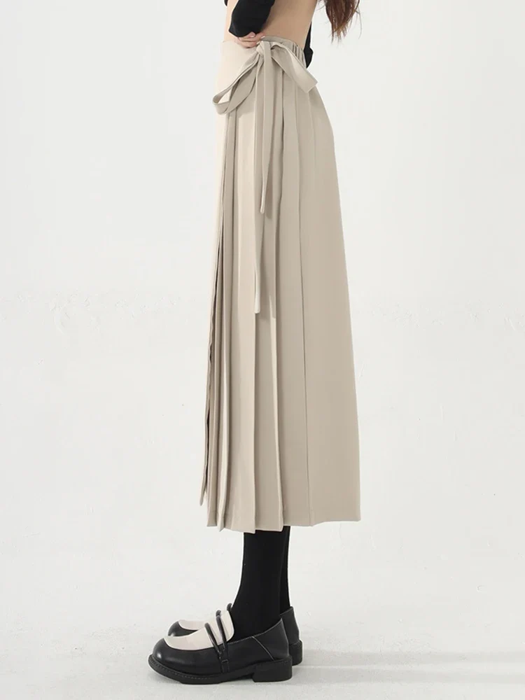 Apricot Beige Skirt-Pant Hybrid with Pleated Overlay – Sophisticated and Unique Mid-Calf Design