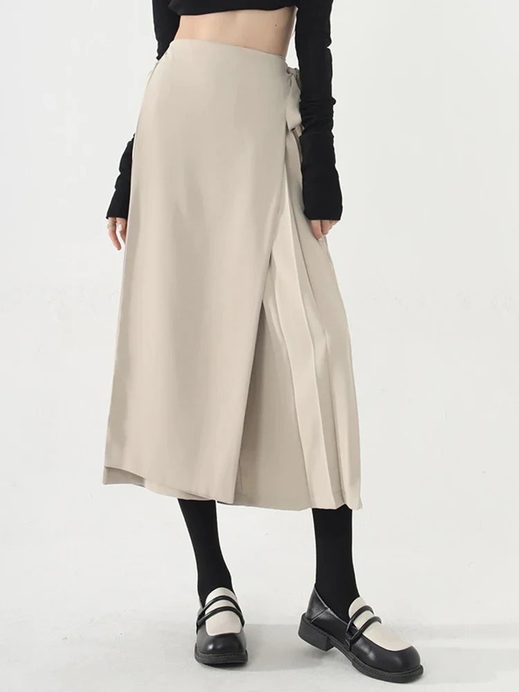 Apricot Beige Skirt-Pant Hybrid with Pleated Overlay – Sophisticated and Unique Mid-Calf Design