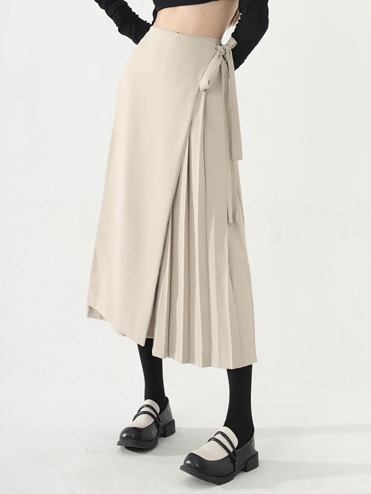 Apricot Beige Skirt-Pant Hybrid with Pleated Overlay – Sophisticated and Unique Mid-Calf Design