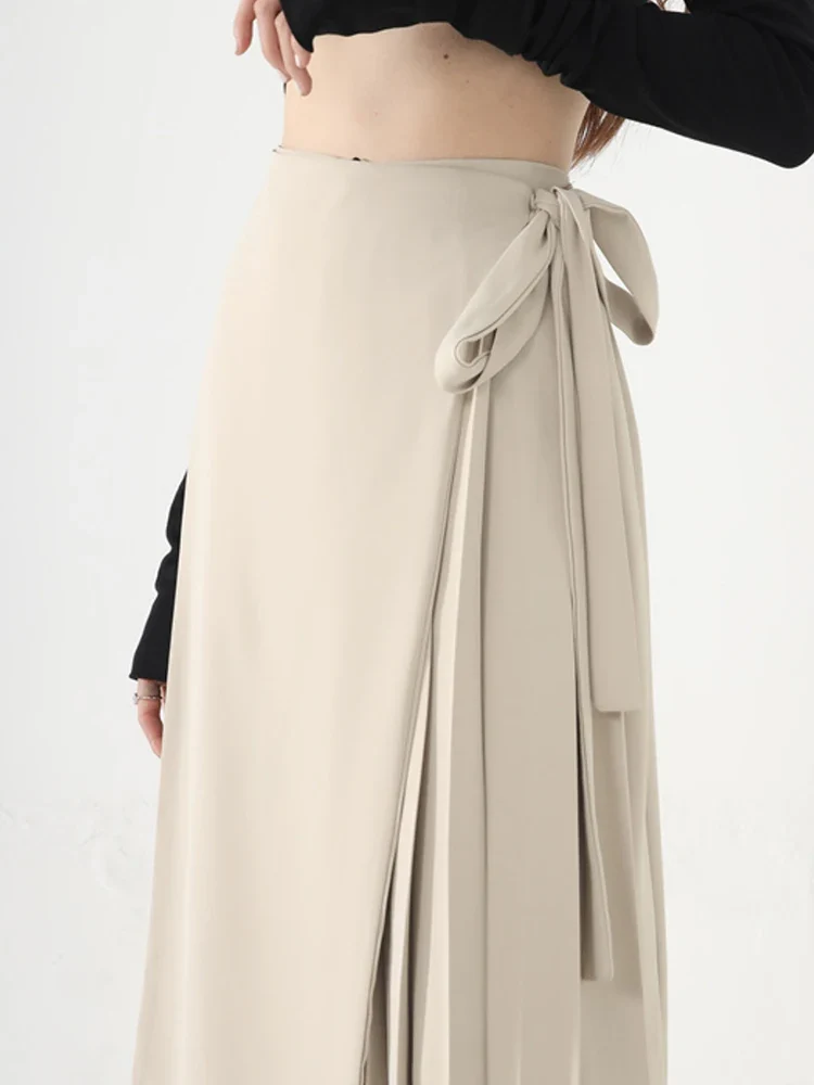 Apricot Beige Skirt-Pant Hybrid with Pleated Overlay – Sophisticated and Unique Mid-Calf Design