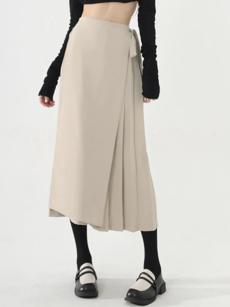 Apricot Beige Skirt-Pant Hybrid with Pleated Overlay – Sophisticated and Unique Mid-Calf Design