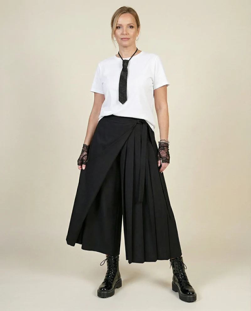Black Skirt-Pant Hybrid with Pleated Overlay – Edgy and Unique Design for Modern Styles
