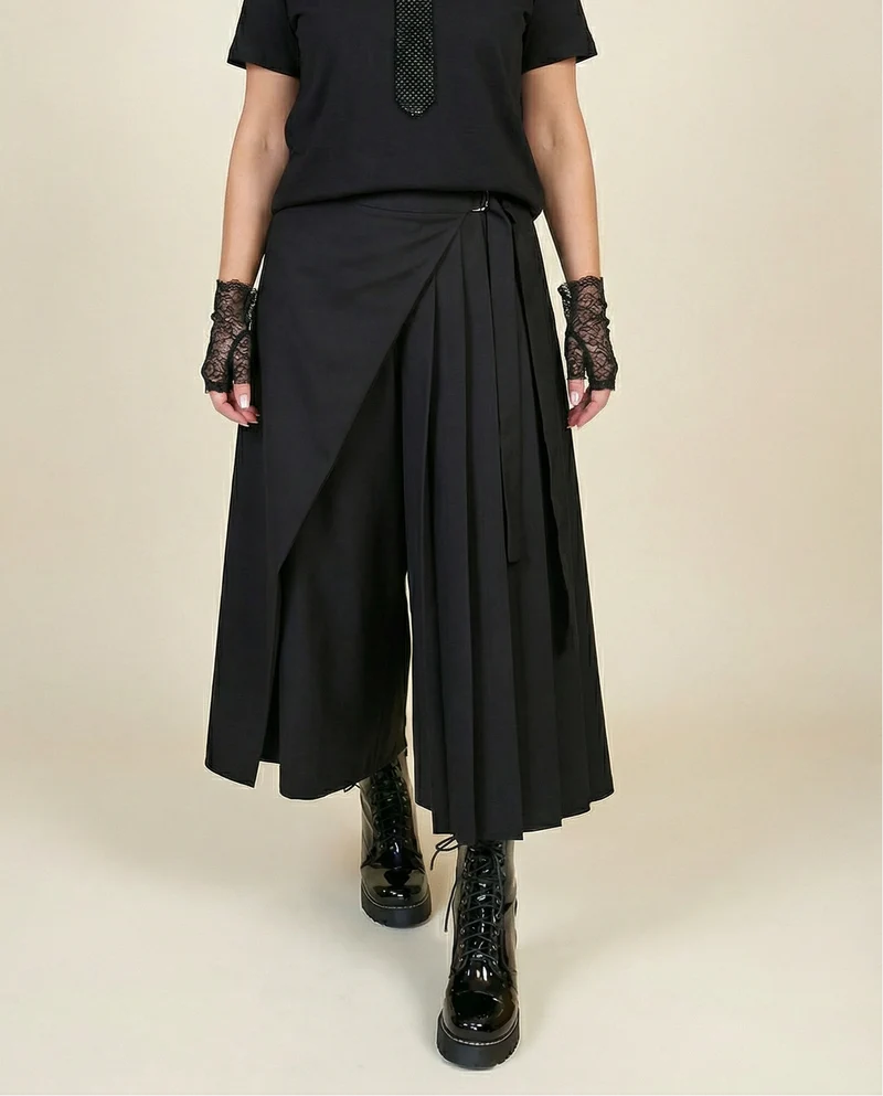 Black Skirt-Pant Hybrid with Pleated Overlay – Edgy and Unique Design for Modern Styles