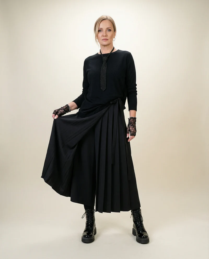 Black Skirt-Pant Hybrid with Pleated Overlay – Edgy and Unique Design for Modern Styles