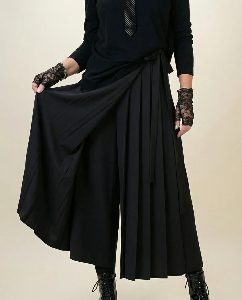 Black Skirt-Pant Hybrid with Pleated Overlay – Edgy and Unique Design for Modern Styles